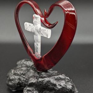 Memorial Cross In Heart Glass Sculpture